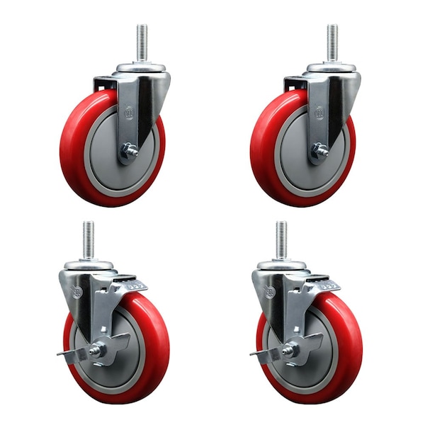 Service Caster 5 Inch Red Polyurethane Wheel Swivel 58 Inch Threaded Stem Caster Set 2 Brakes SCC SCC-TS20S514-PPUB-RED-58212-2-TLB-2 - main
